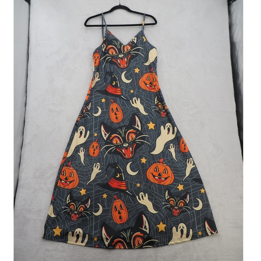 Halloween Retro Style Cat Pumpkin Ghost Print Maxi Dress Grey Orange Sleeveless